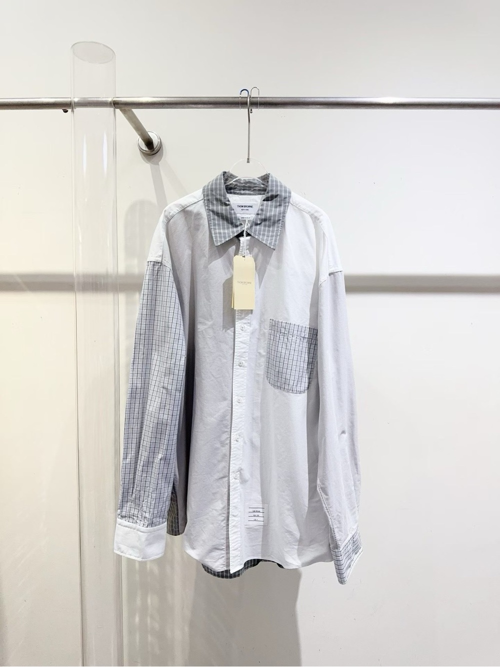 Thom Browne Light Gray Button-Down Shirt with Checked Accent